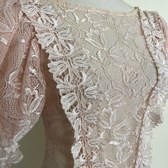 Vintage 80s 90s Glenda Sheer Lace Dress Puff Sleeve Peach Pink Princess Size 4 - Picture 4 of 8